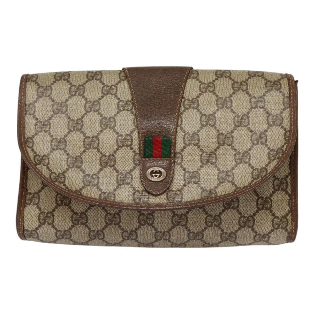 GUCCI GG Supreme Web Sherry Line Clutch Bag PVC Beige Gold 156 01 030 kk288