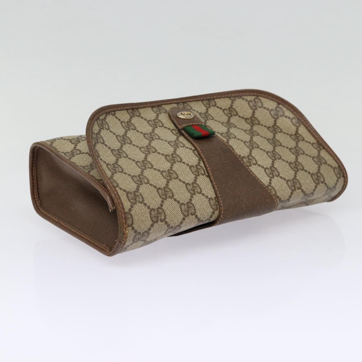 GUCCI GG Supreme Web Sherry Line Clutch Bag PVC Beige Gold 156 01 030 kk288