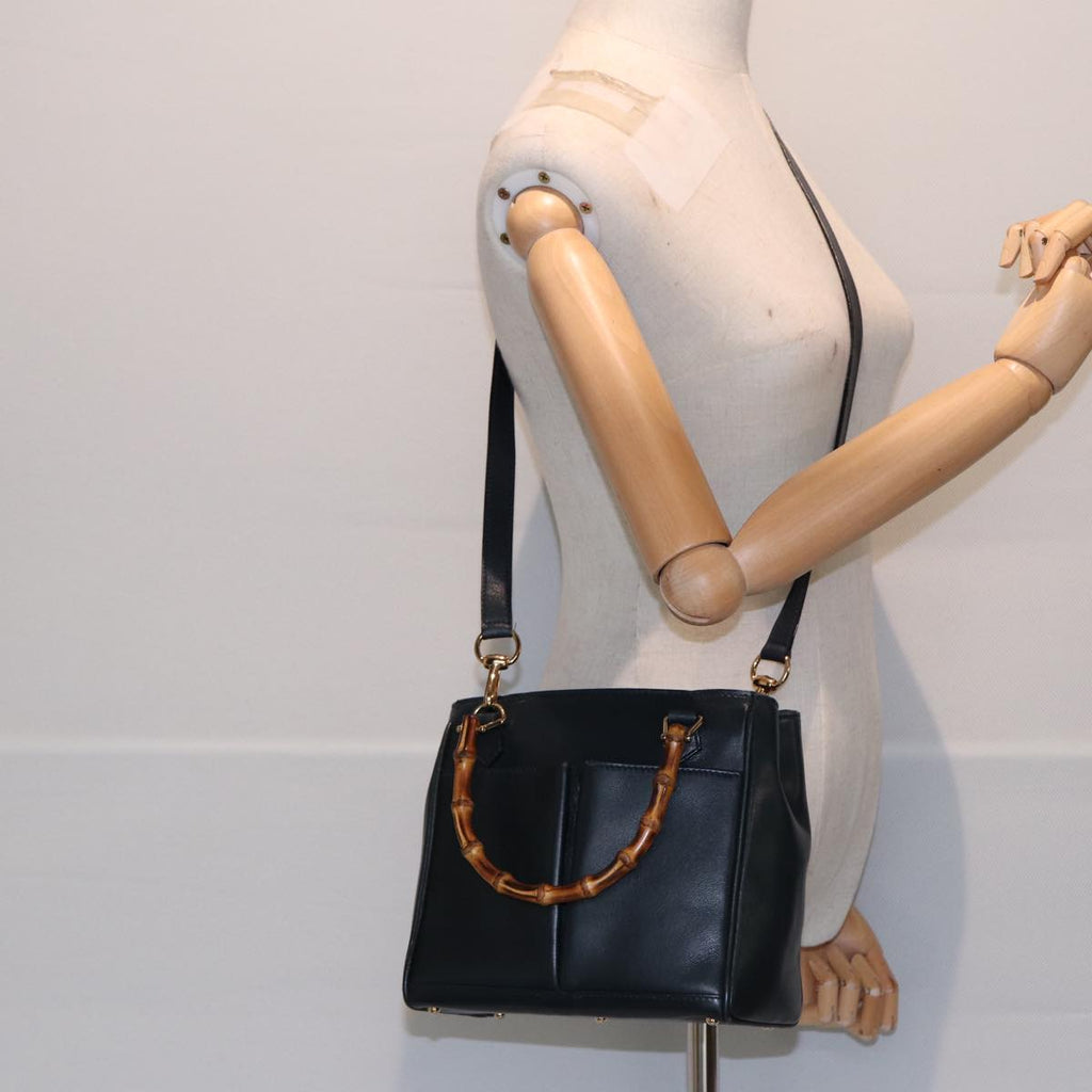 GUCCI Bamboo Hand Bag Leather 2way Navy Gold 000 122 0316 kk290