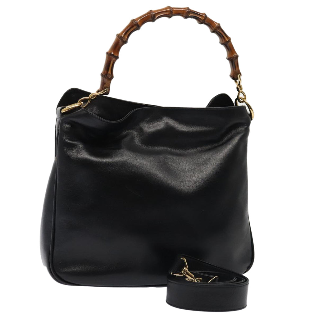 GUCCI Bamboo Hand Bag Leather 2way Black Gold 001 1998 1638 kk291