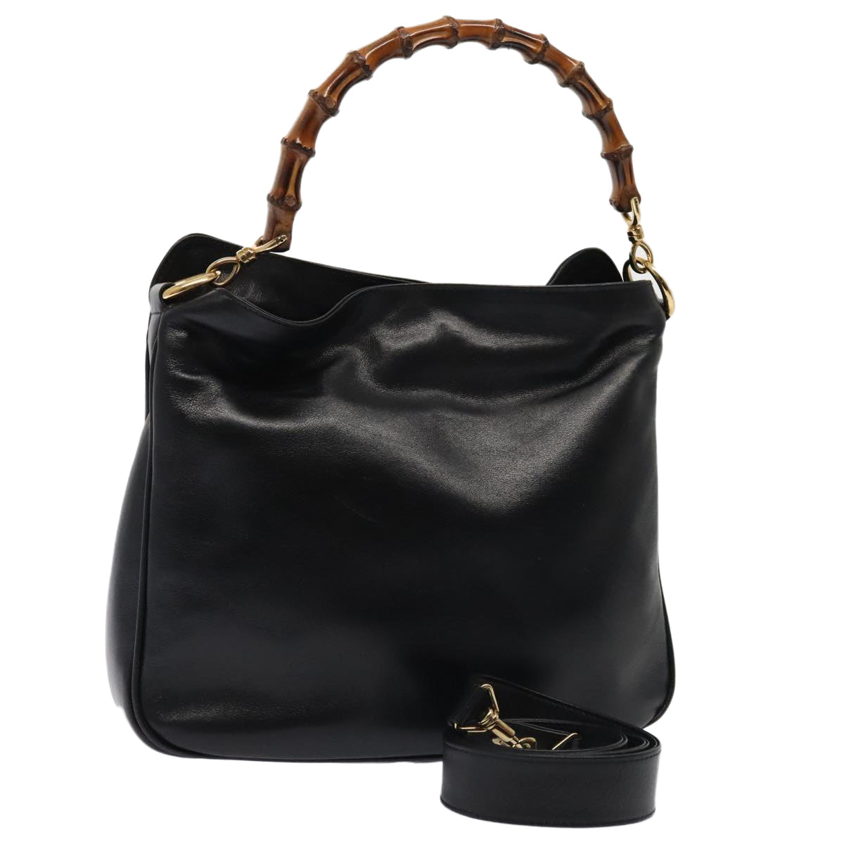 GUCCI Bamboo Hand Bag Leather 2way Black Gold 001 1998 1638 kk291