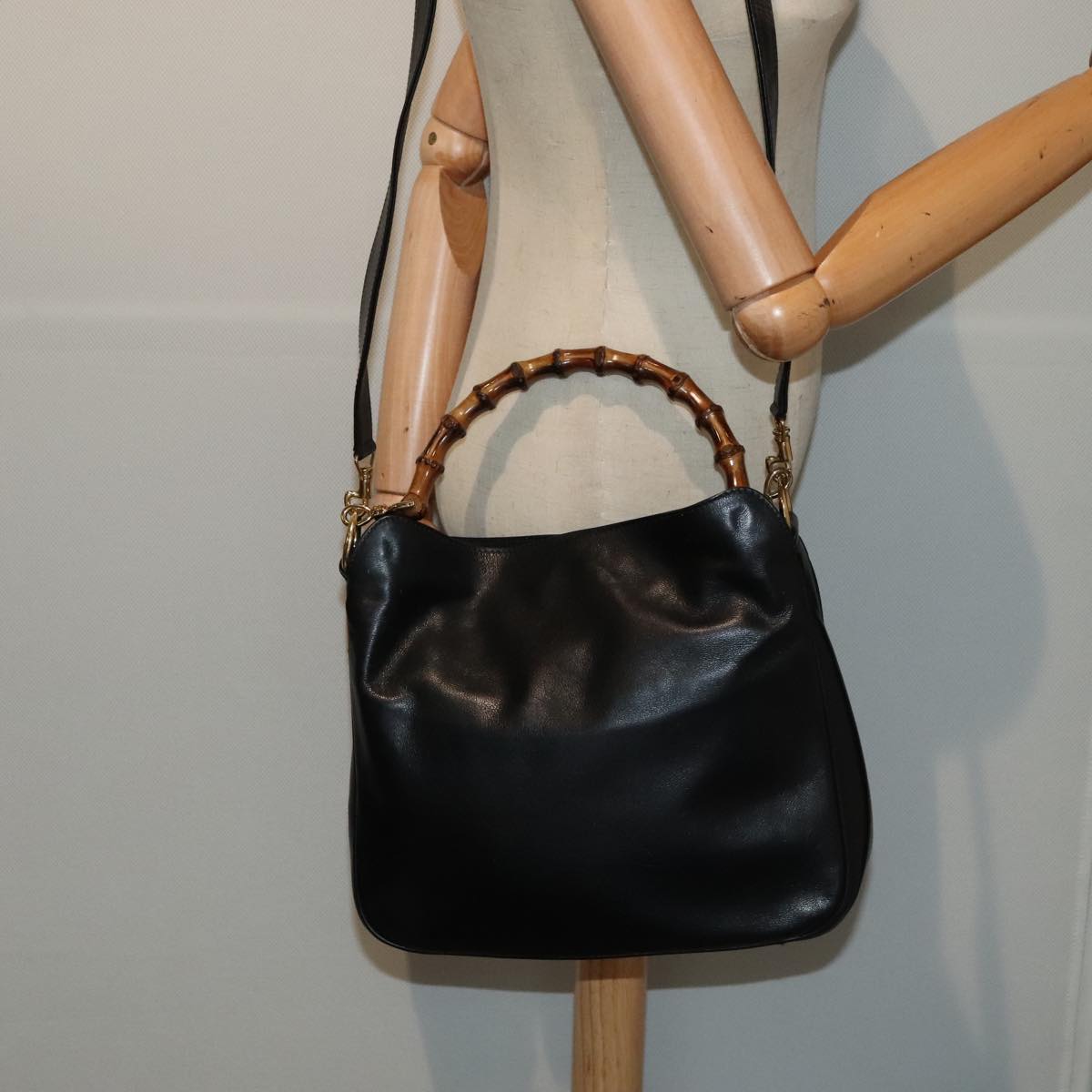 GUCCI Bamboo Hand Bag Leather 2way Black Gold 001 1998 1638 kk291