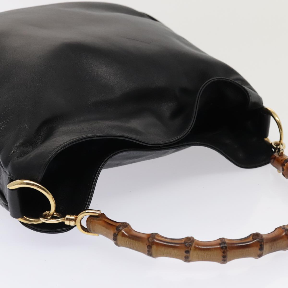GUCCI Bamboo Hand Bag Leather 2way Black Gold 001 1998 1638 kk291