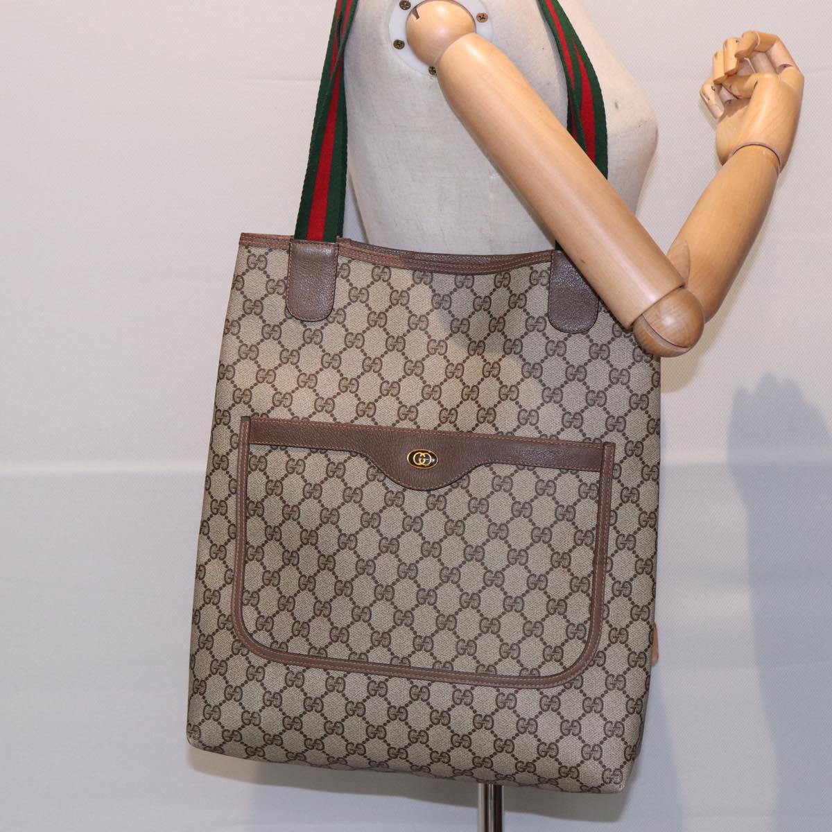 GUCCI GG Canvas Web Sherry Line Tote Bag PVC Leather Beige Green Red kk303