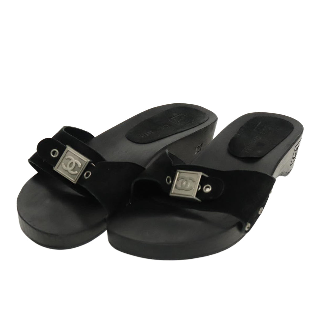 CHANEL Size 37 Sandals Suede Black Silver CC kk353