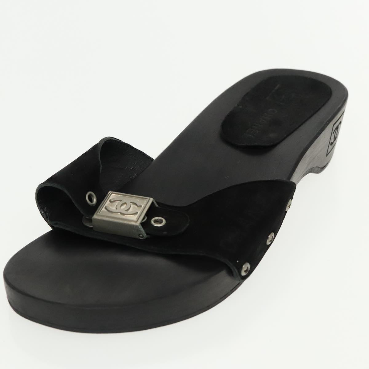 CHANEL Size 37 Sandals Suede Black Silver CC kk353