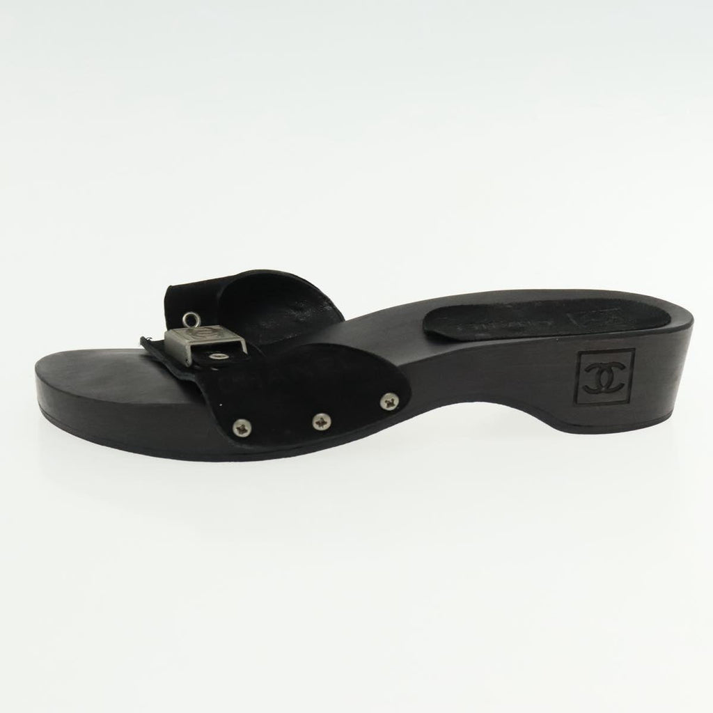 CHANEL Size 37 Sandals Suede Black Silver CC kk353