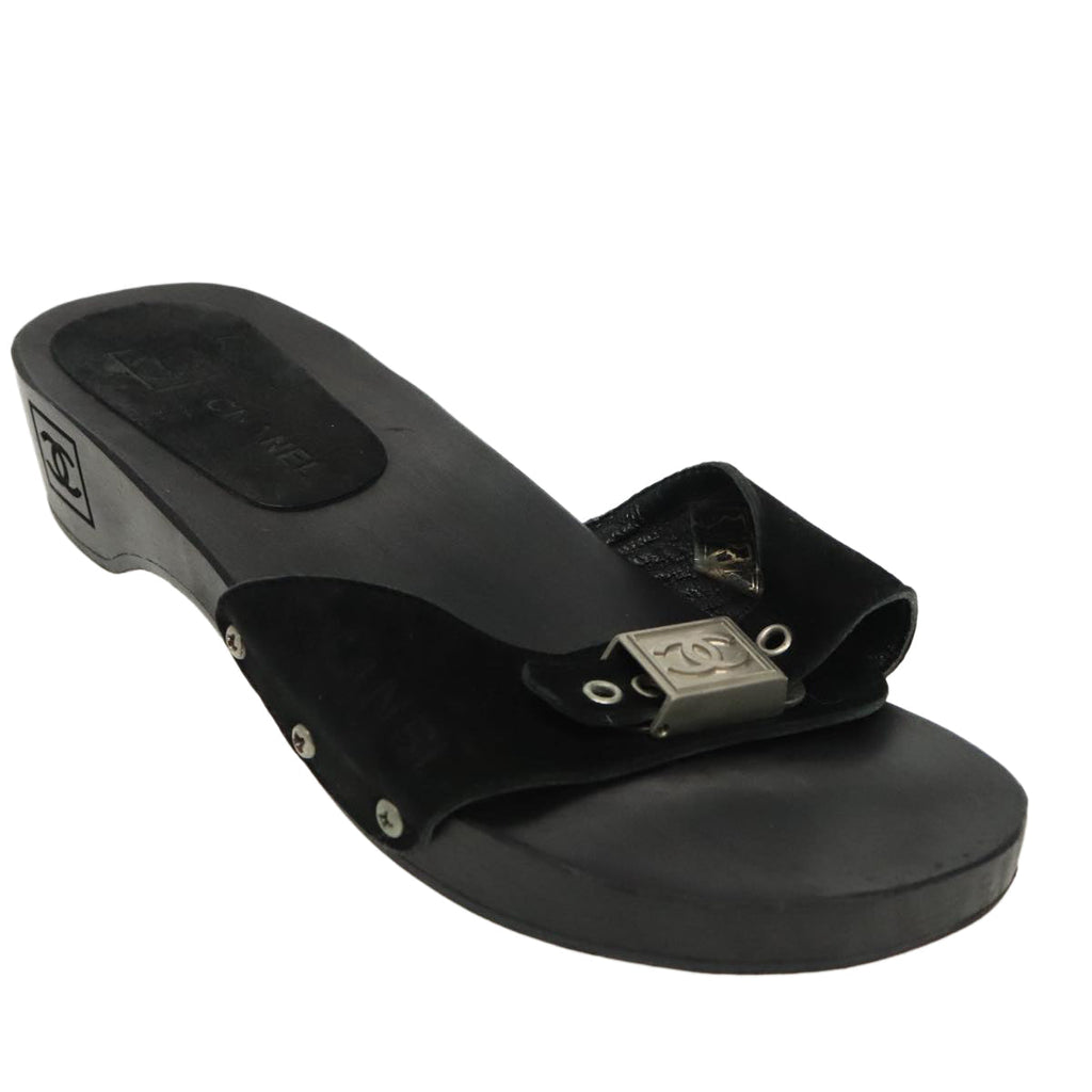 CHANEL Size 37 Sandals Suede Black Silver CC kk353