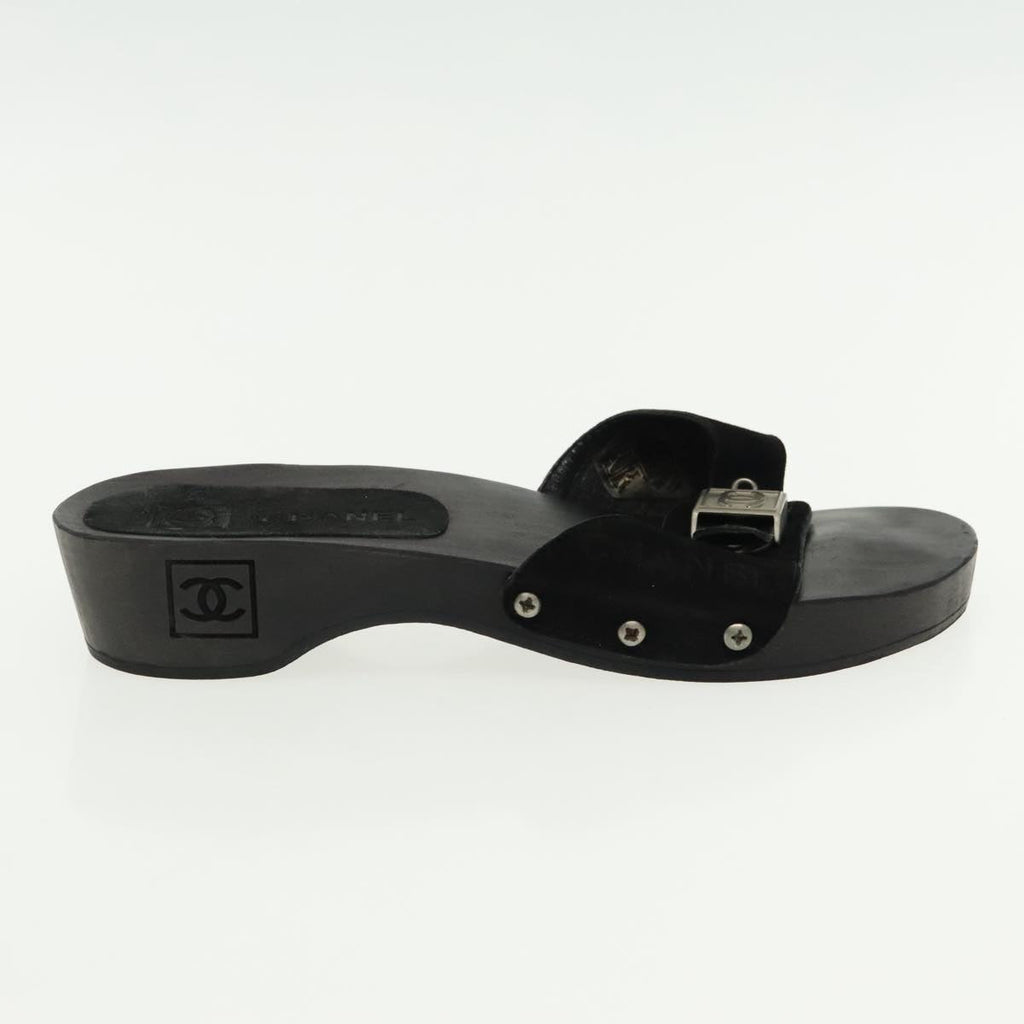 CHANEL Size 37 Sandals Suede Black Silver CC kk353