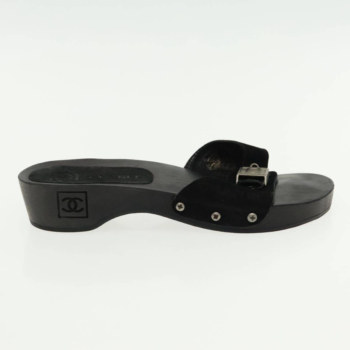 CHANEL Size 37 Sandals Suede Black Silver CC kk353