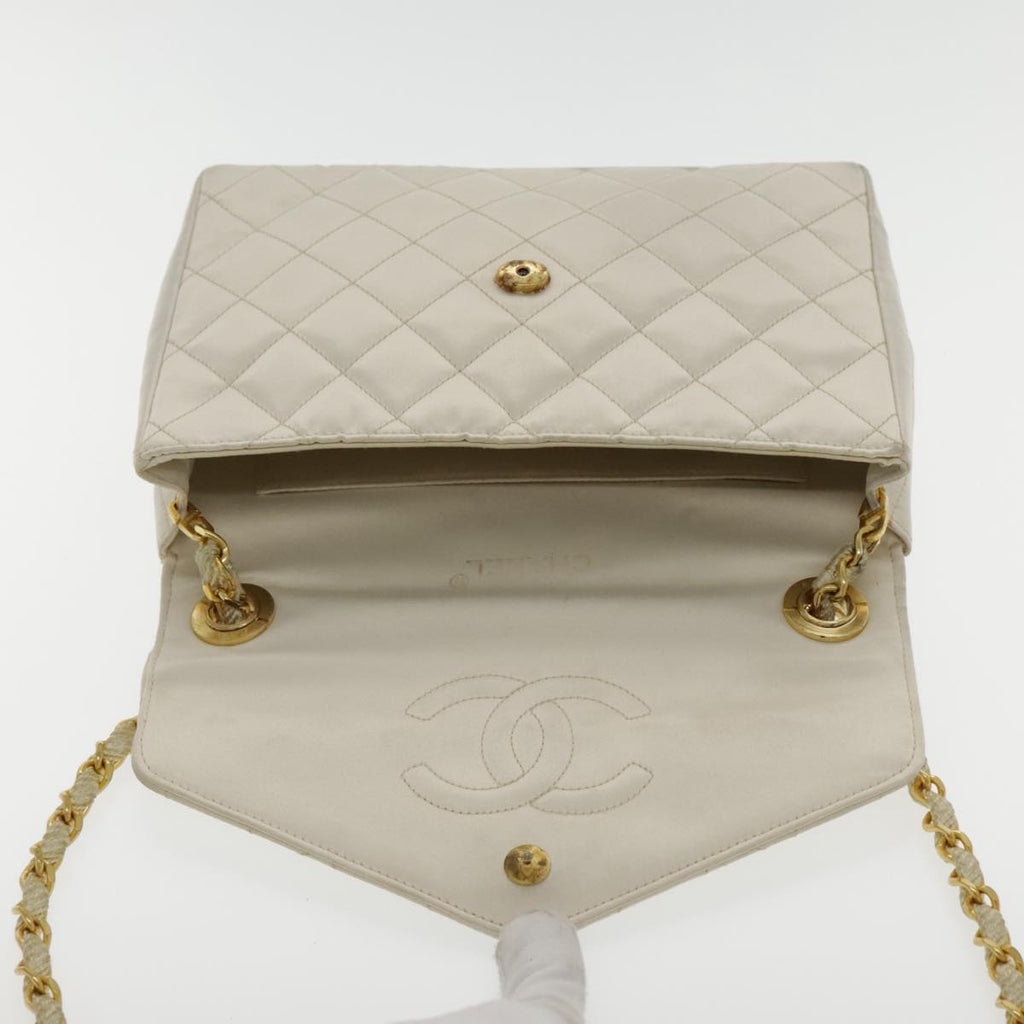 CHANEL Matelasse Chain Shoulder Bag Satin White Gold CC kk366A