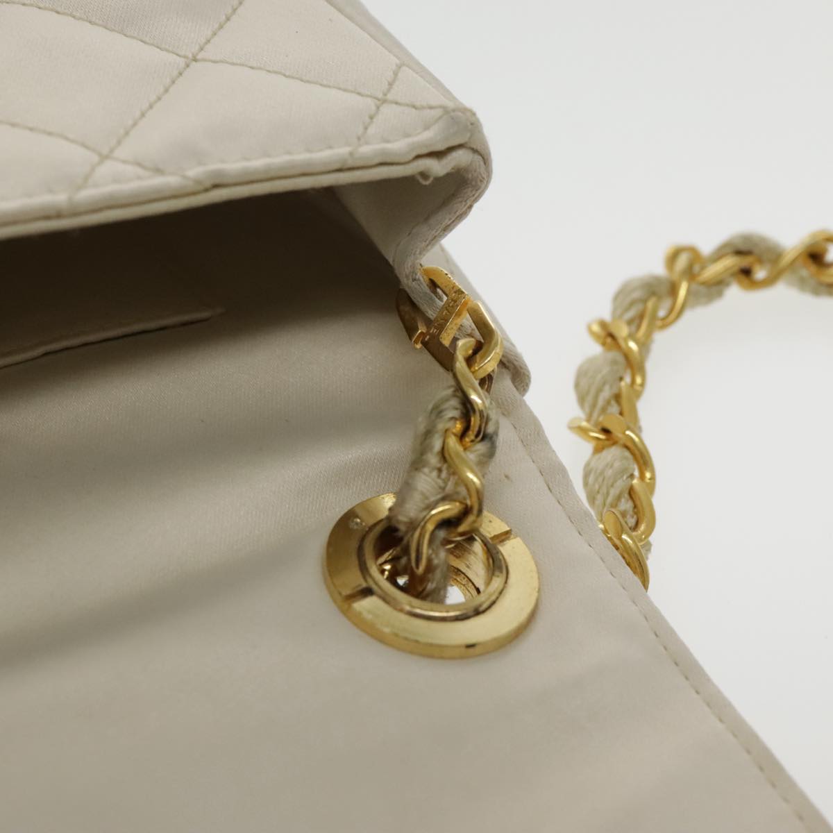 CHANEL Matelasse Chain Shoulder Bag Satin White Gold CC kk366A
