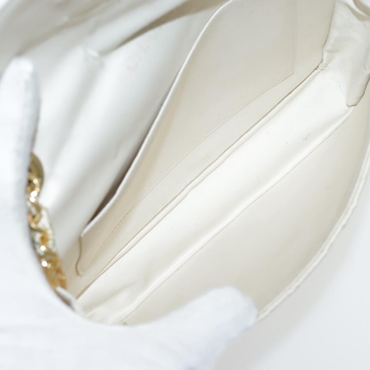 CHANEL Matelasse Chain Shoulder Bag Satin White Gold CC kk366A