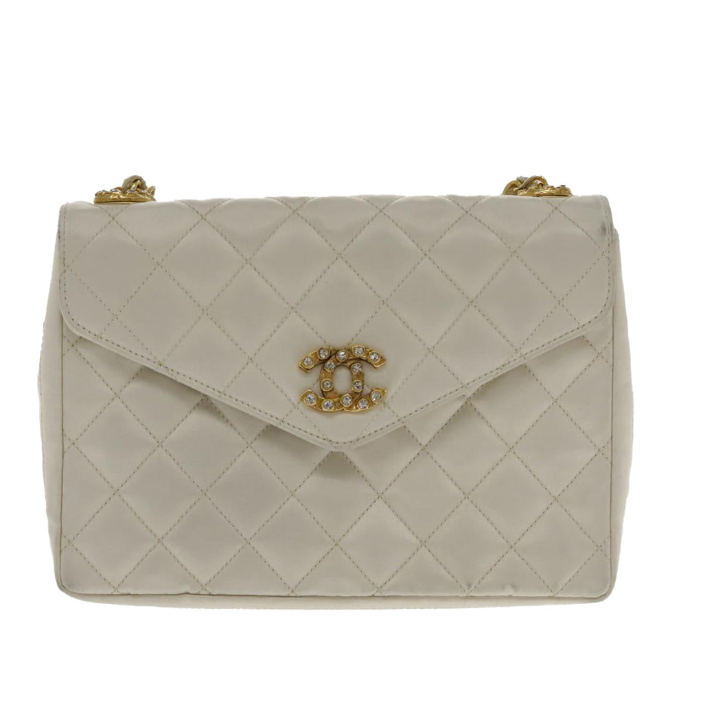 CHANEL Matelasse Chain Shoulder Bag Satin White Gold CC kk366A