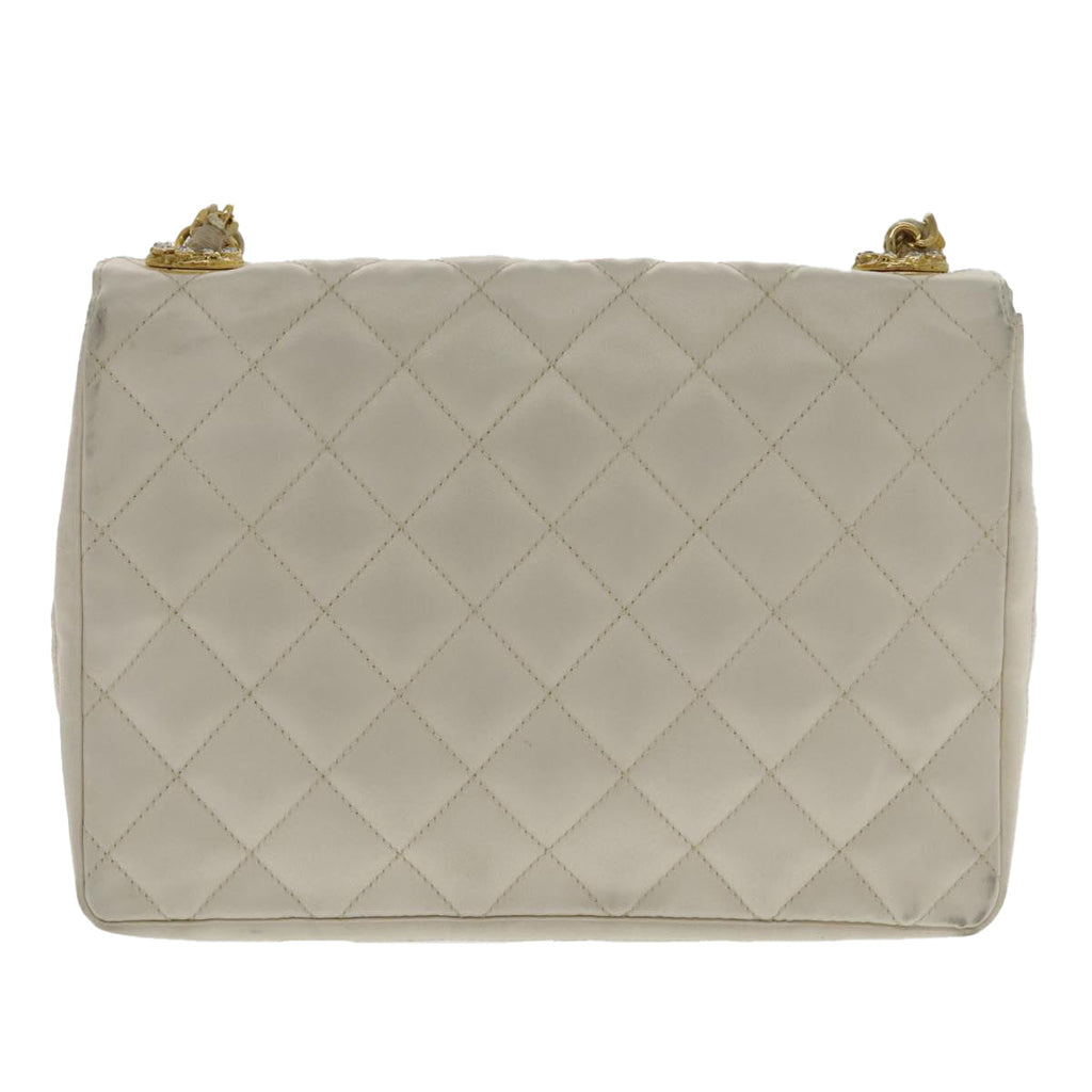 CHANEL Matelasse Chain Shoulder Bag Satin White Gold CC kk366A
