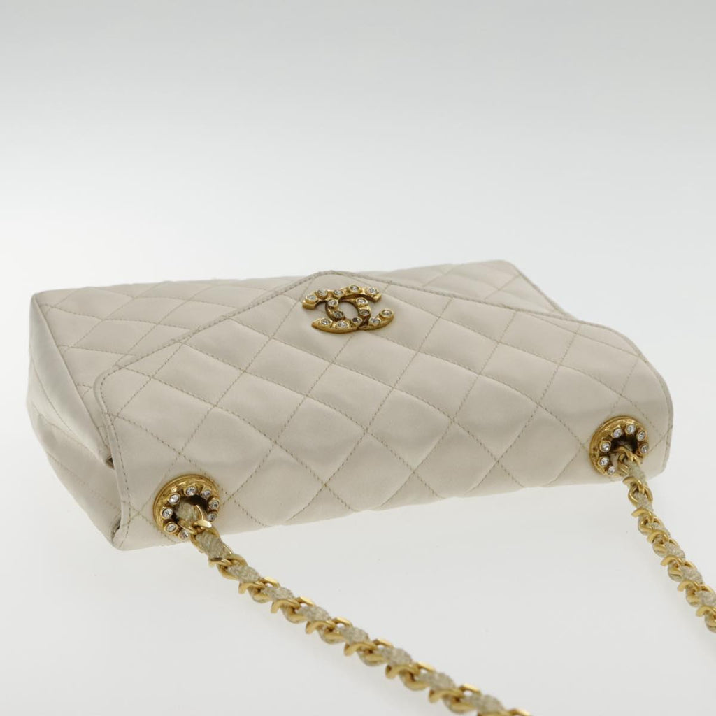 CHANEL Matelasse Chain Shoulder Bag Satin White Gold CC kk366A