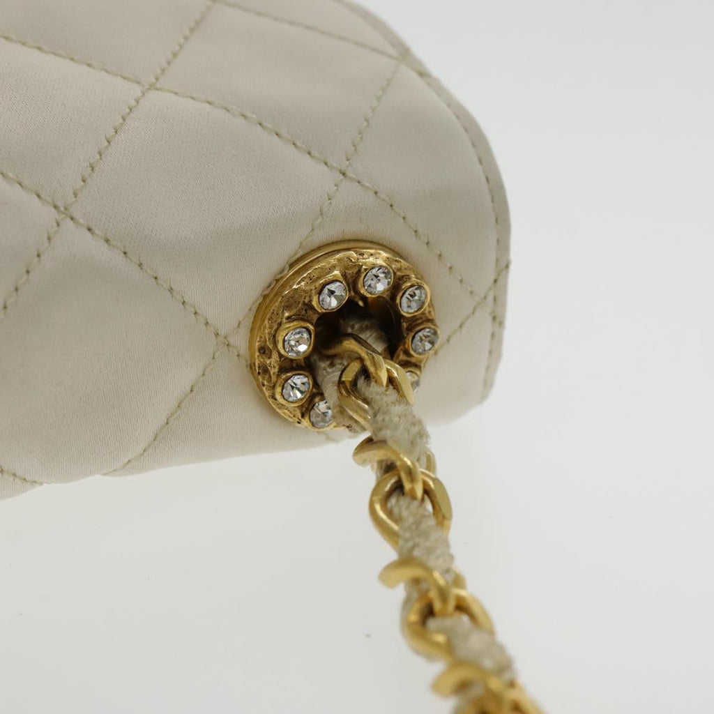 CHANEL Matelasse Chain Shoulder Bag Satin White Gold CC kk366A