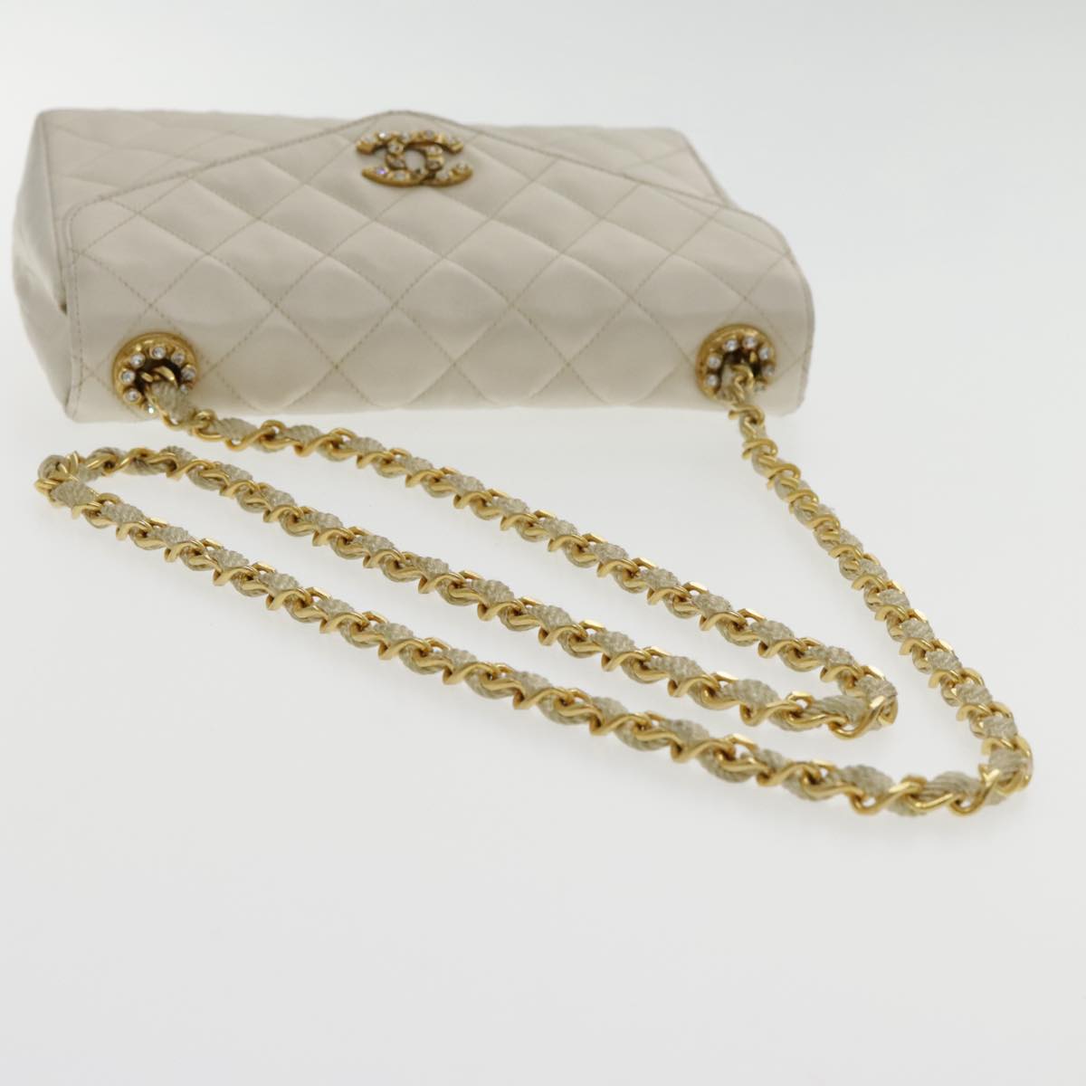 CHANEL Matelasse Chain Shoulder Bag Satin White Gold CC kk366A
