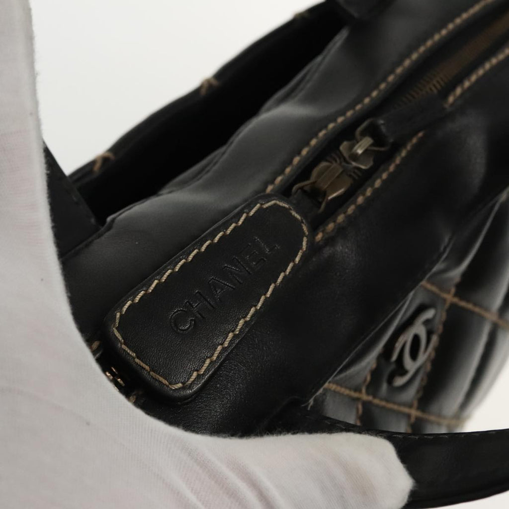 CHANEL Wild Stitch Hand Bag Leather Black CC kk367