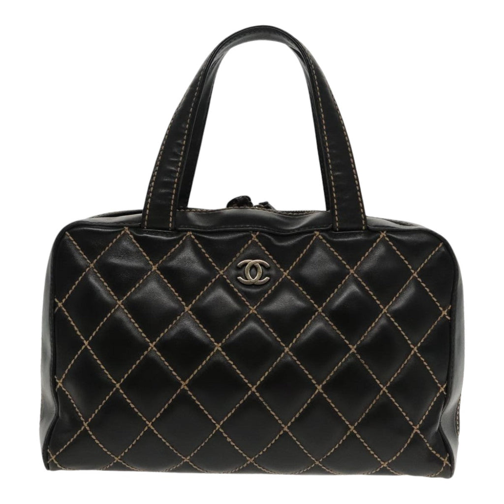 CHANEL Wild Stitch Hand Bag Leather Black CC kk367