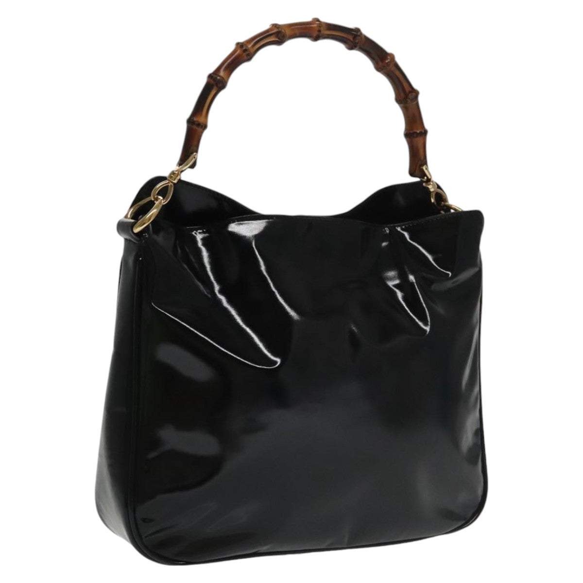 GUCCI Bamboo Hand Bag Enamel Black Gold 001 1705 1638 kk385