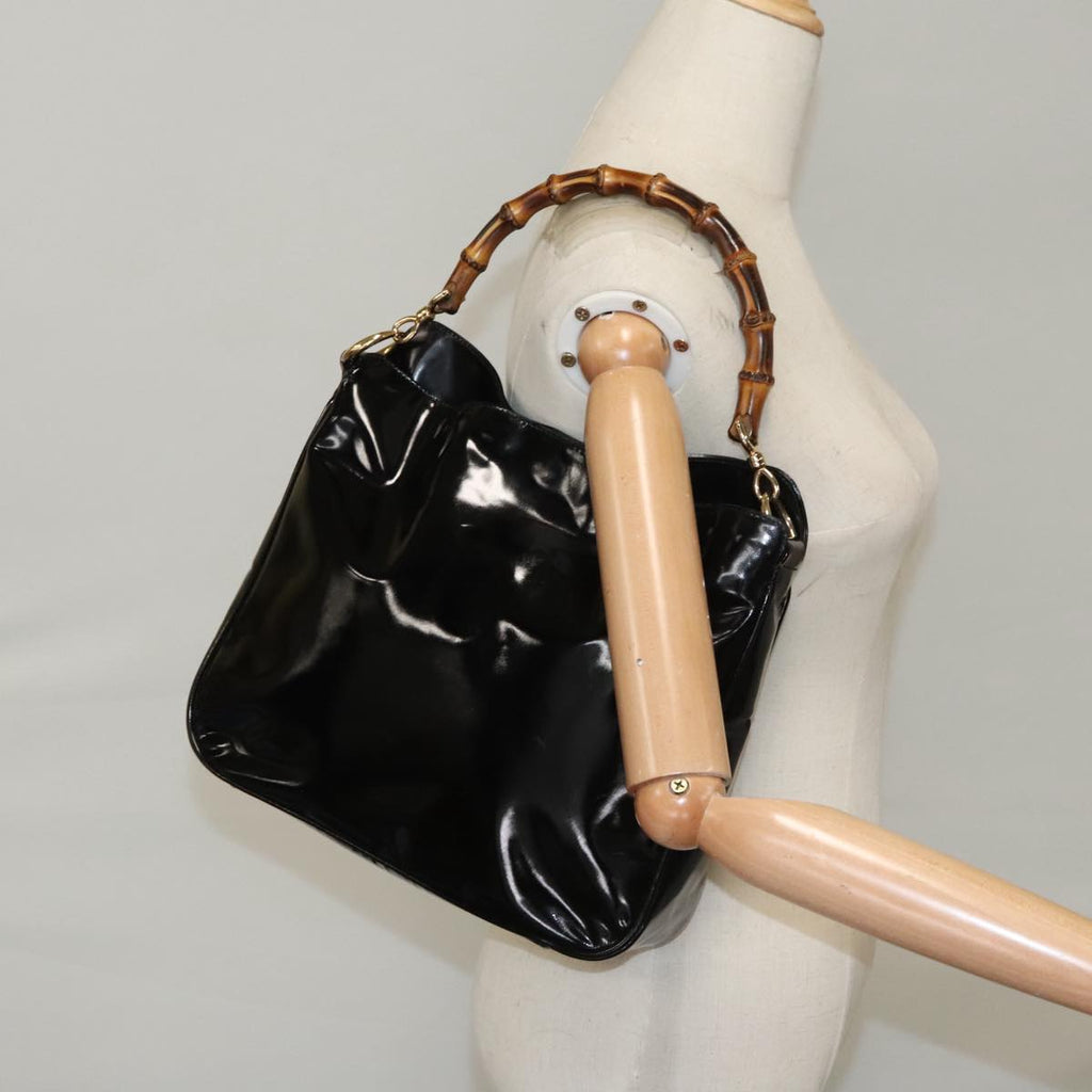 GUCCI Bamboo Hand Bag Enamel Black Gold 001 1705 1638 kk385