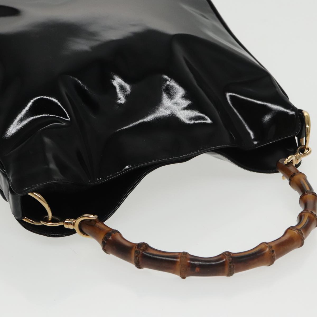 GUCCI Bamboo Hand Bag Enamel Black Gold 001 1705 1638 kk385
