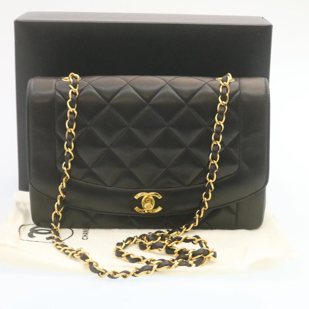 CHANEL Chain Turn Lock Diana Matelasse Shoulder Bag Lamb Skin Black knn076