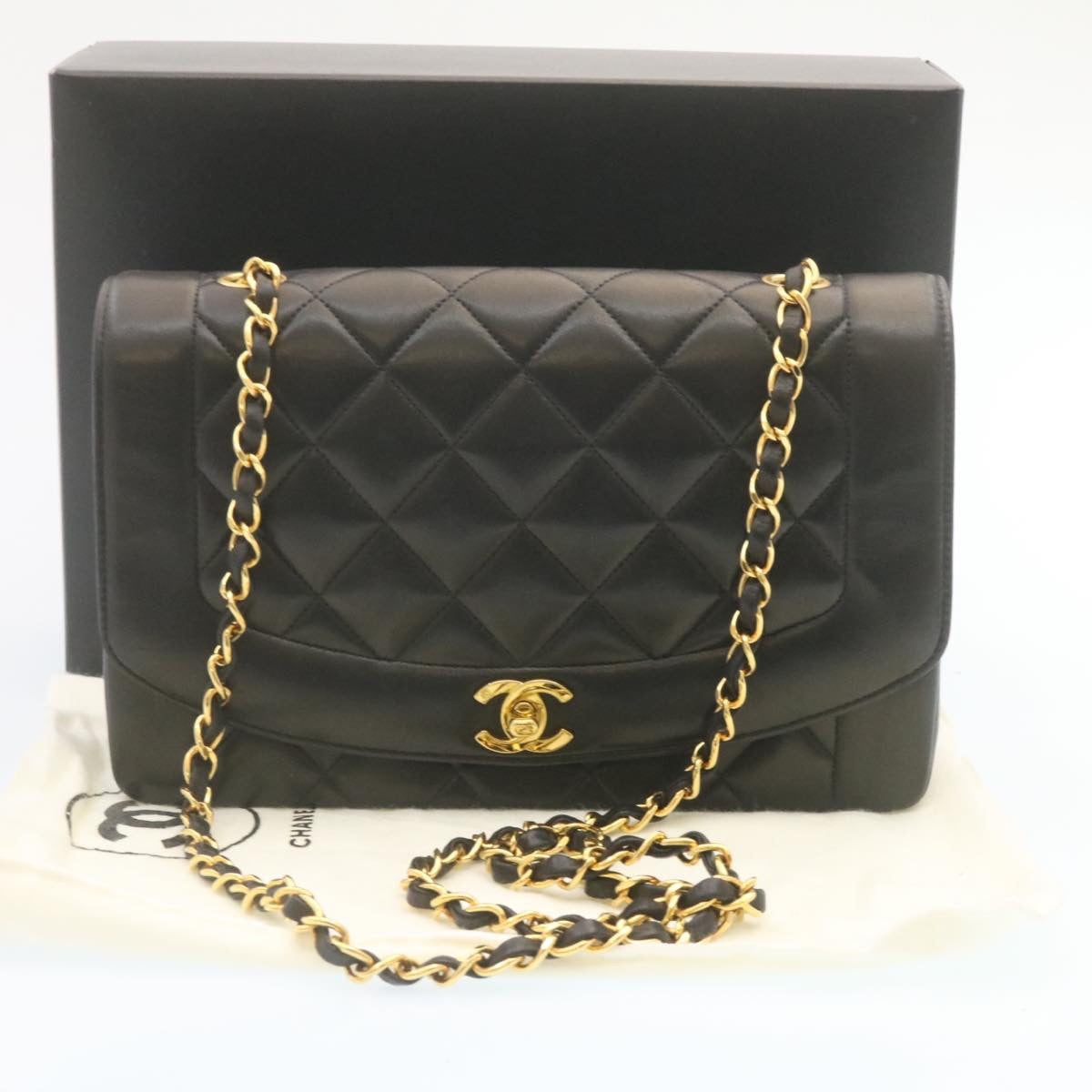 CHANEL Chain Turn Lock Diana Matelasse Shoulder Bag Lamb Skin Black knn076