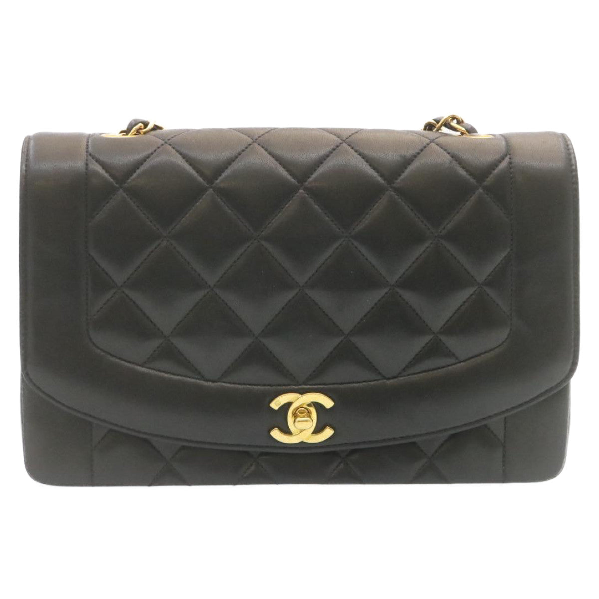 CHANEL Chain Turn Lock Diana Matelasse Shoulder Bag Lamb Skin Black knn076