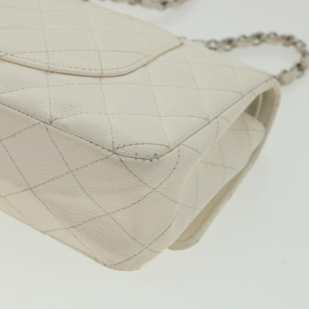 CHANEL Matelasse Double Flap Chain Shoulder Bag Caviar Skin White CC knn085