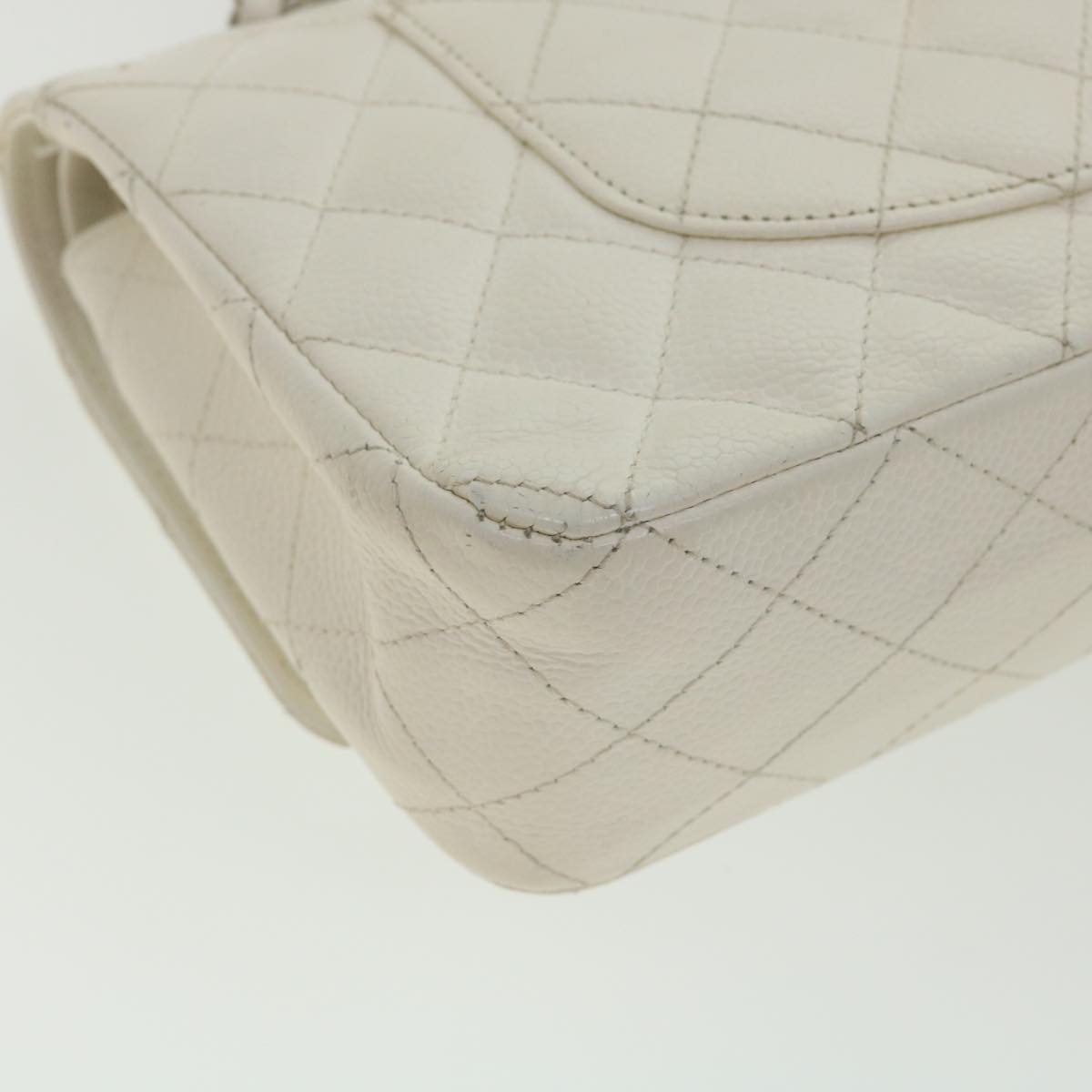 CHANEL Matelasse Double Flap Chain Shoulder Bag Caviar Skin White CC knn085