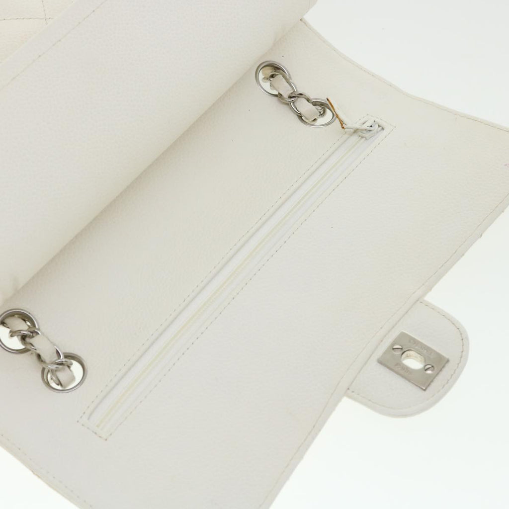 CHANEL Matelasse Double Flap Chain Shoulder Bag Caviar Skin White CC knn085