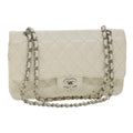 CHANEL Matelasse Double Flap Chain Shoulder Bag Caviar Skin White CC knn085