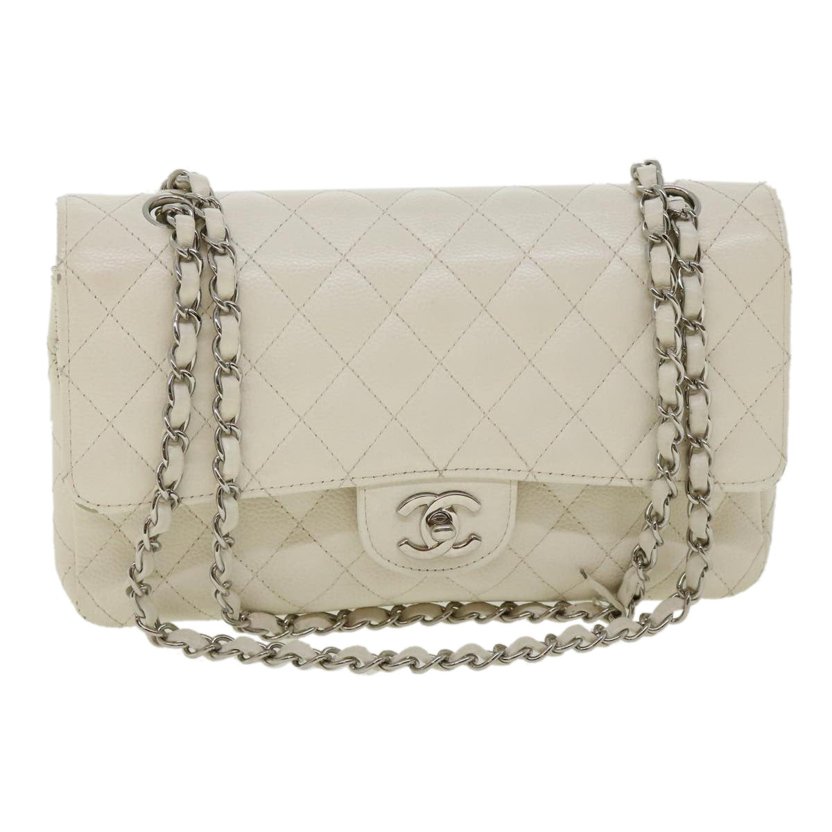 CHANEL Matelasse Double Flap Chain Shoulder Bag Caviar Skin White CC knn085