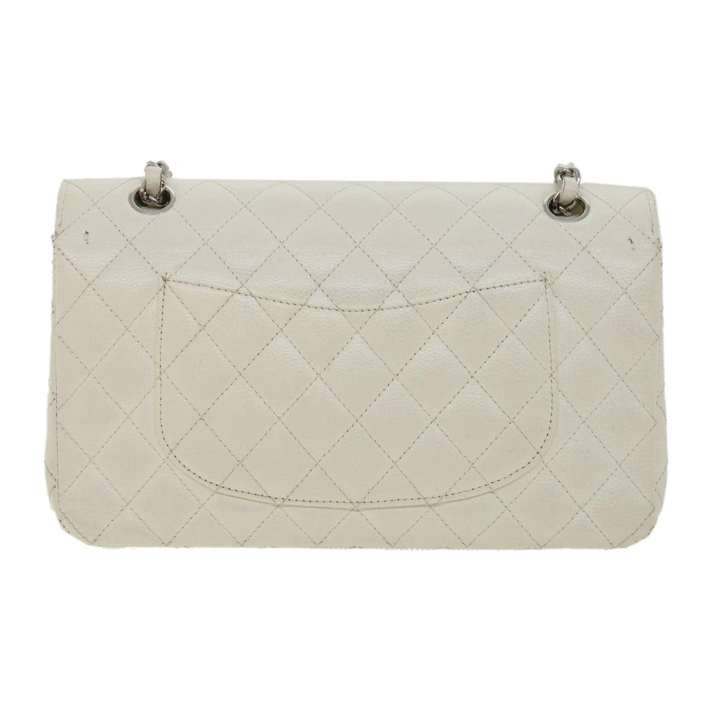 CHANEL Matelasse Double Flap Chain Shoulder Bag Caviar Skin White CC knn085