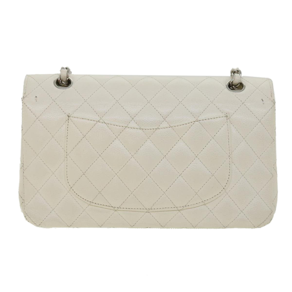CHANEL Matelasse Double Flap Chain Shoulder Bag Caviar Skin White CC knn085