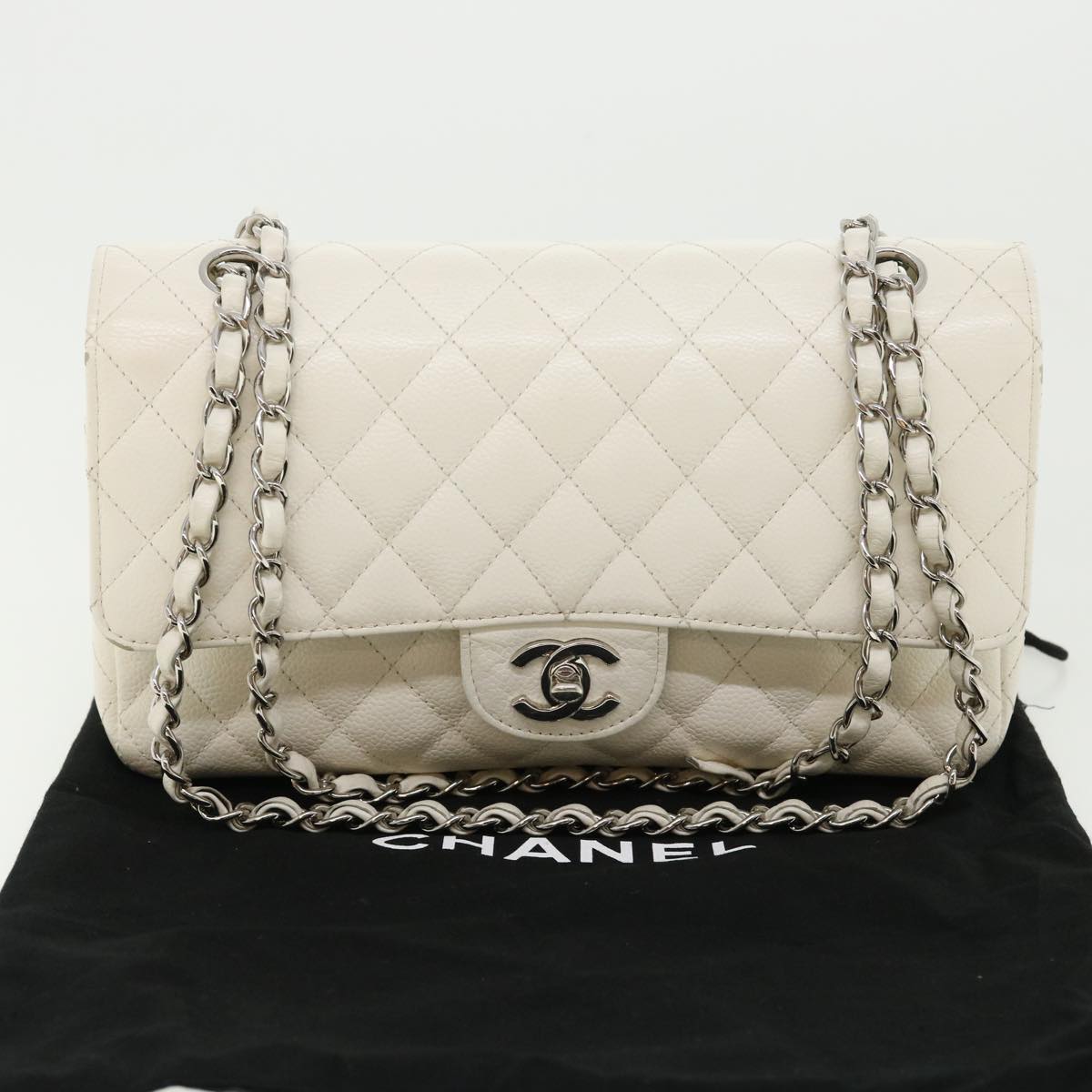 CHANEL Matelasse Double Flap Chain Shoulder Bag Caviar Skin White CC knn085