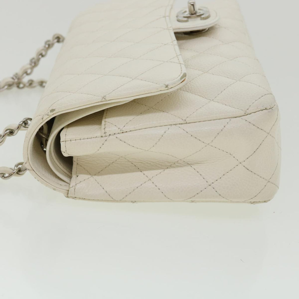 CHANEL Matelasse Double Flap Chain Shoulder Bag Caviar Skin White CC knn085