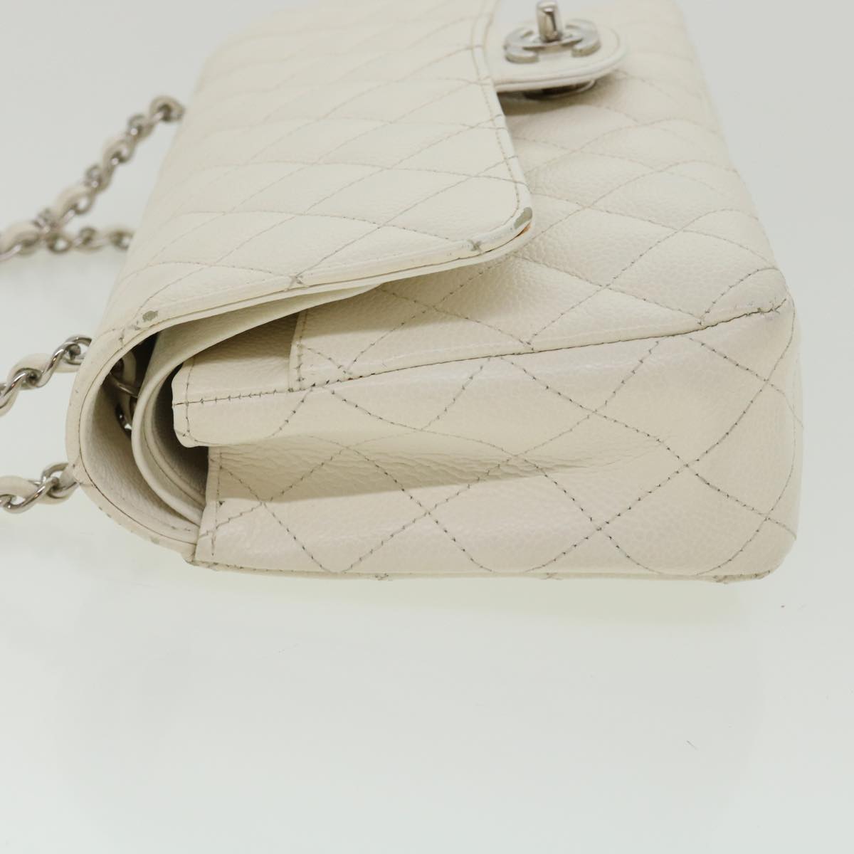 CHANEL Matelasse Double Flap Chain Shoulder Bag Caviar Skin White CC knn085