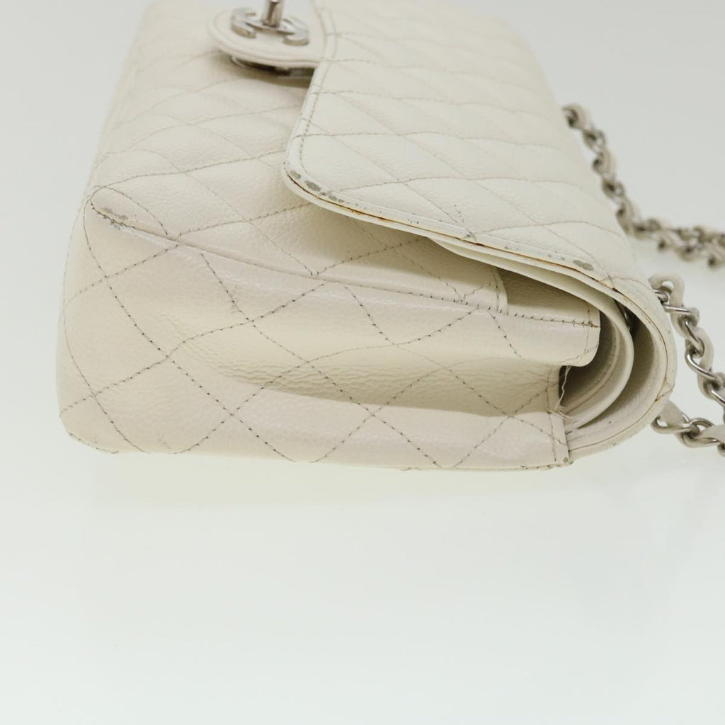CHANEL Matelasse Double Flap Chain Shoulder Bag Caviar Skin White CC knn085
