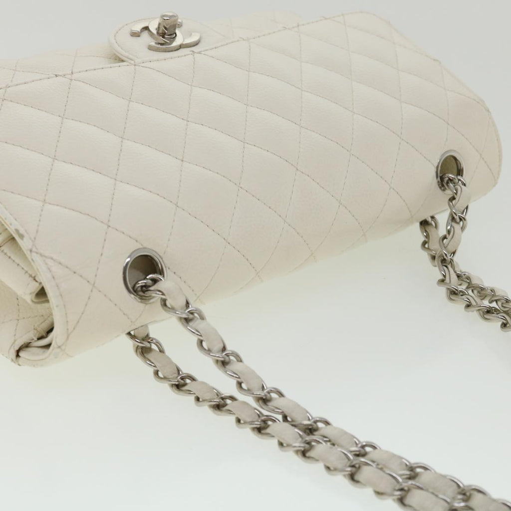 CHANEL Matelasse Double Flap Chain Shoulder Bag Caviar Skin White CC knn085