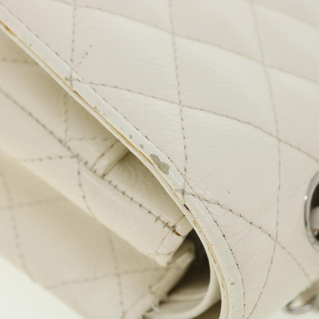 CHANEL Matelasse Double Flap Chain Shoulder Bag Caviar Skin White CC knn085