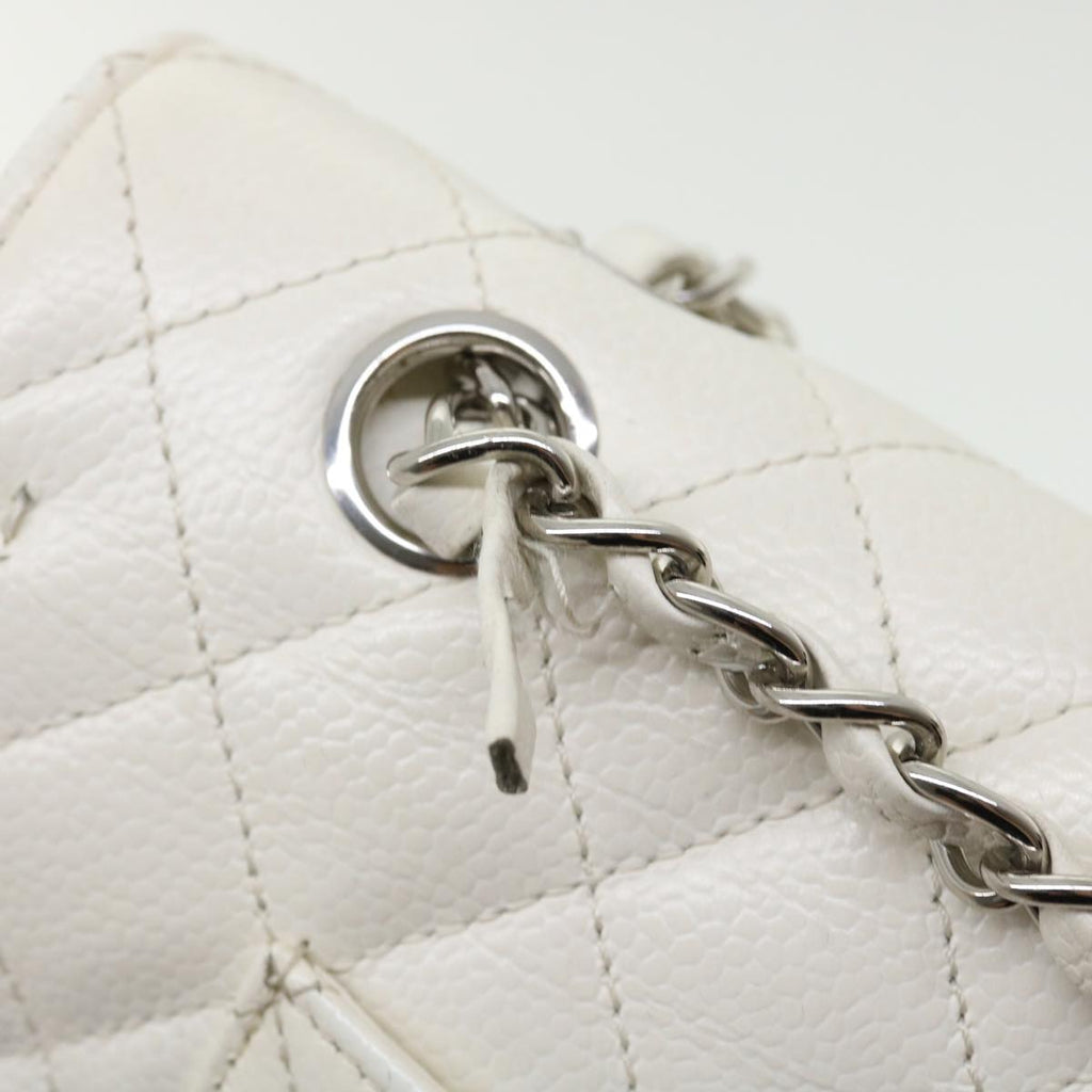 CHANEL Matelasse Double Flap Chain Shoulder Bag Caviar Skin White CC knn085