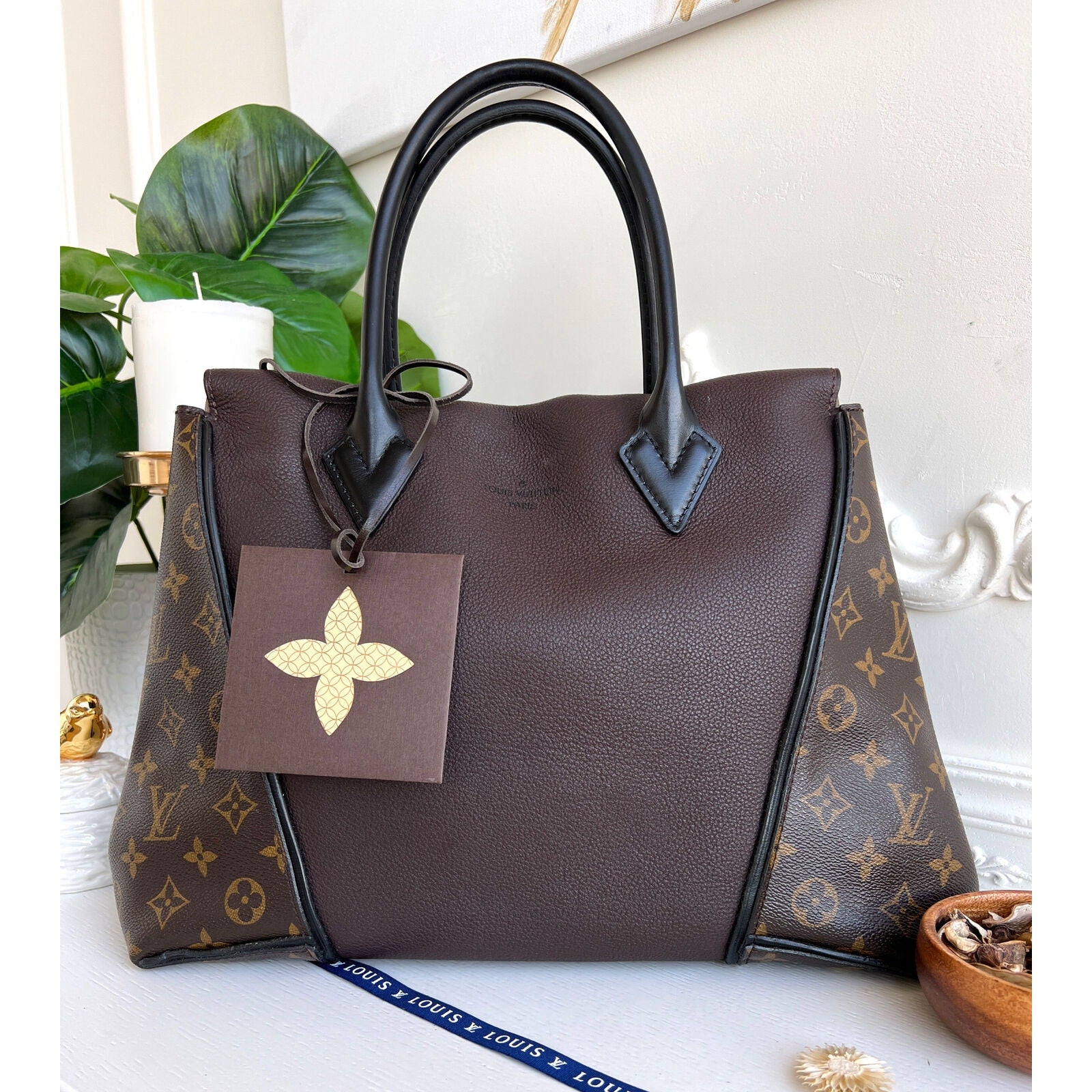 Louis Vuitton W Tote Monogram Cuir Orfevre Handbag Purse Chocolate 848-12624