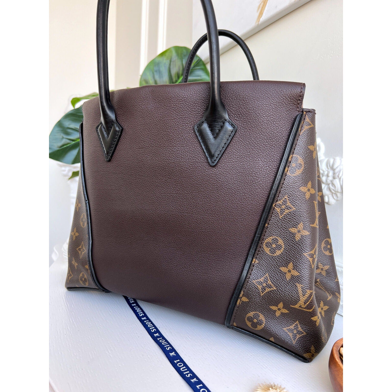 Louis Vuitton W Tote Monogram Cuir Orfevre Handbag Purse Chocolate 848-12624