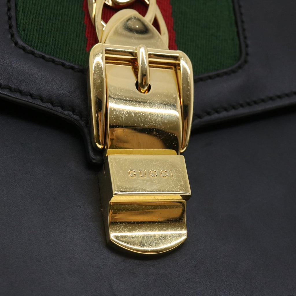 GUCCI Web Sherry Line Silvi Shoulder Bag Leather Black Green 421882 lt690