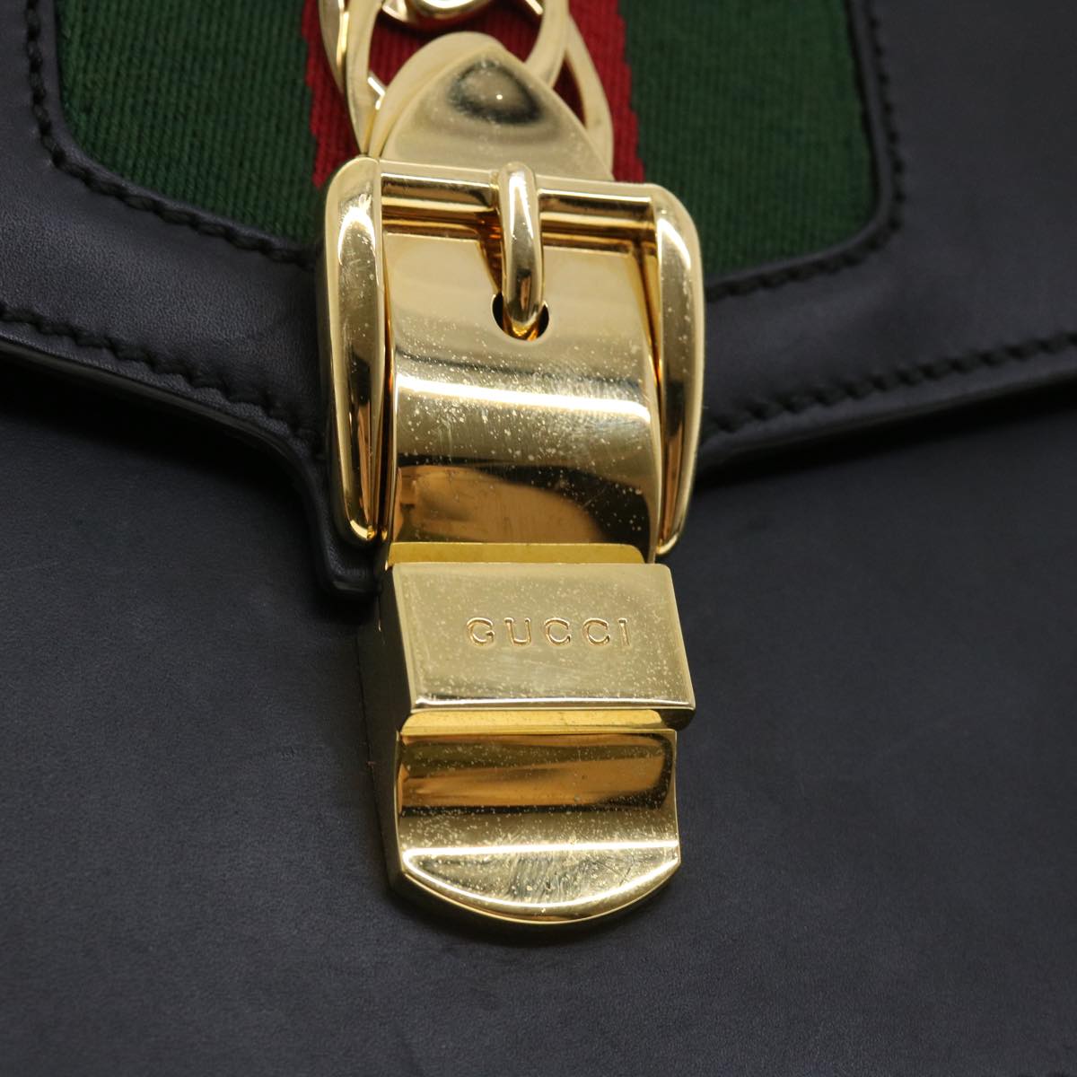 GUCCI Web Sherry Line Silvi Shoulder Bag Leather Black Green 421882 lt690