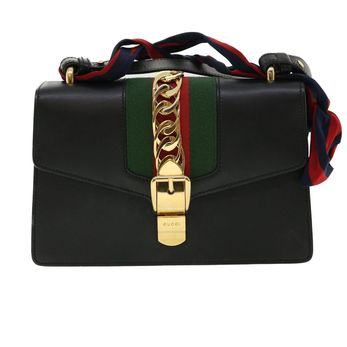 GUCCI Web Sherry Line Silvi Shoulder Bag Leather Black Green 421882 lt690