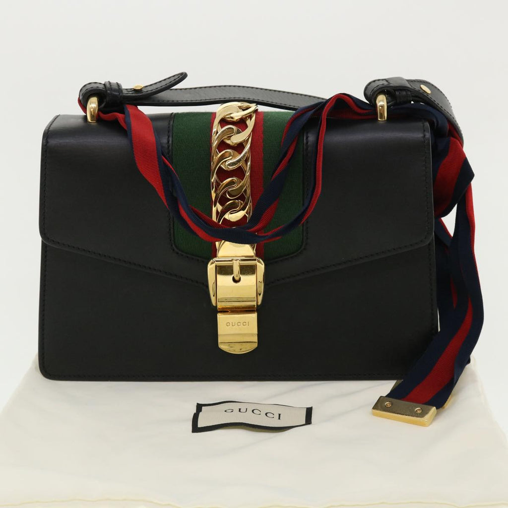 GUCCI Web Sherry Line Silvi Shoulder Bag Leather Black Green 421882 lt690